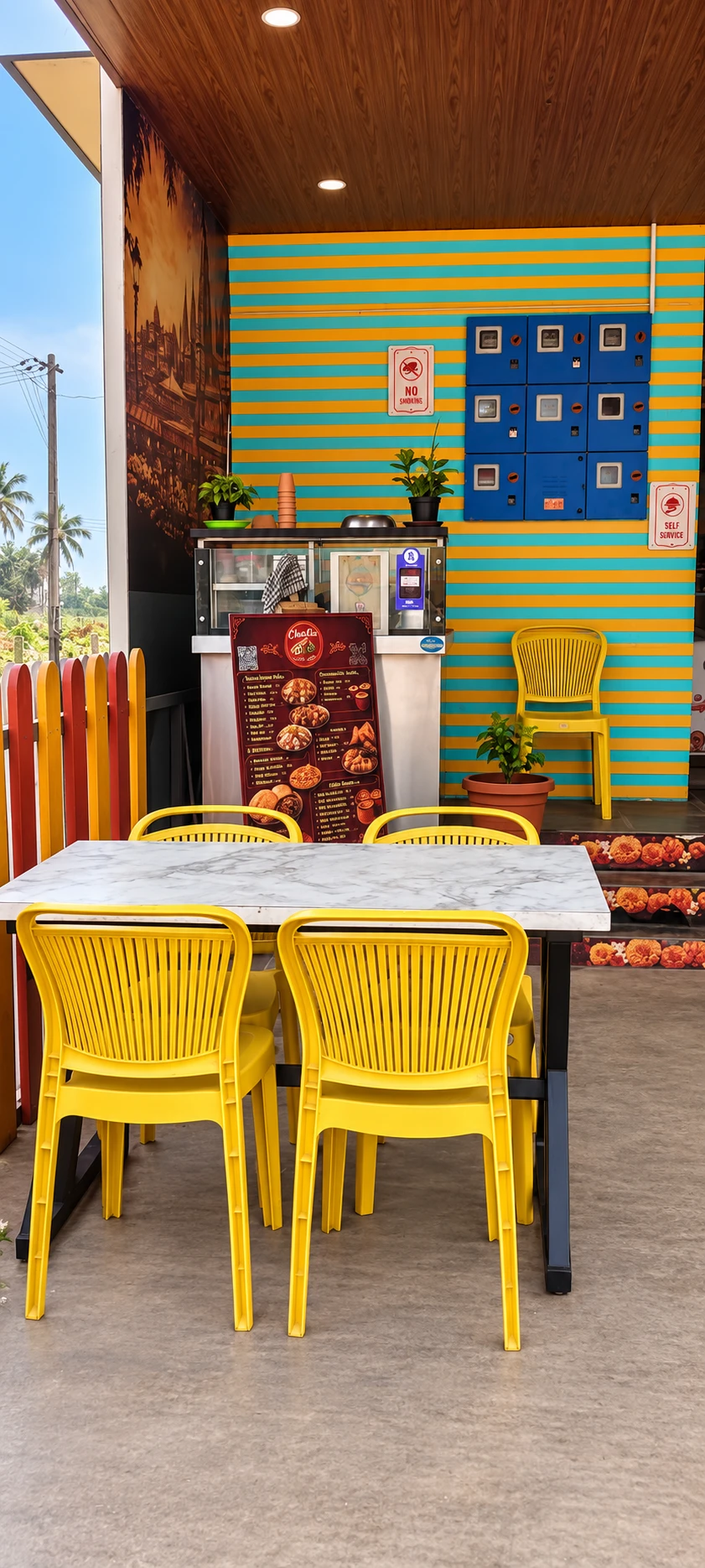 Yellow chairs and outdoor seating beside Chaat Bae's striped wall